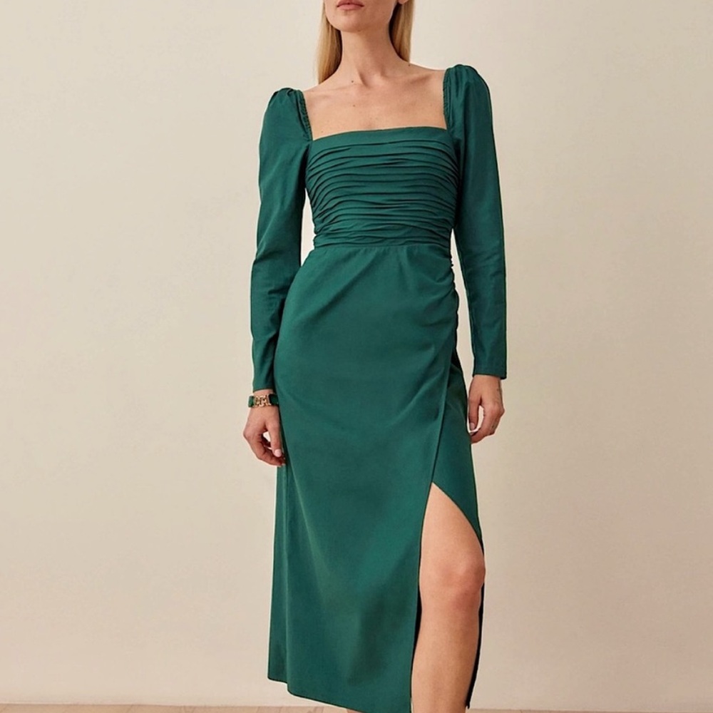 Reformation Isaac Ruched Asymmetrical Midi Dress